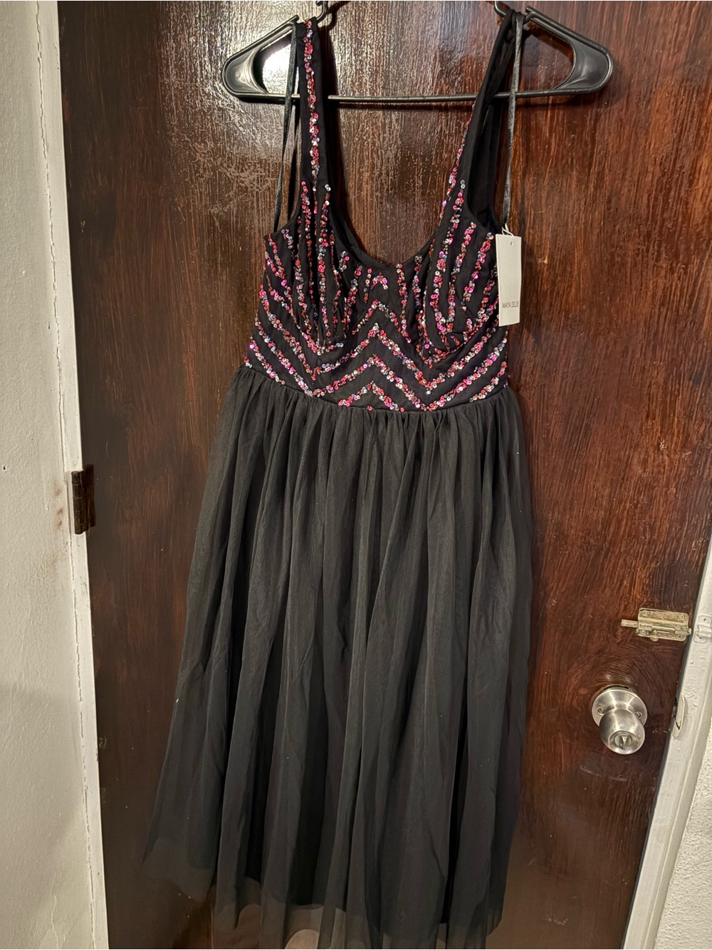 NWT Maya Deluxe Black Midi Tulle Dress with Pink Sequin Bodice. Size 6.